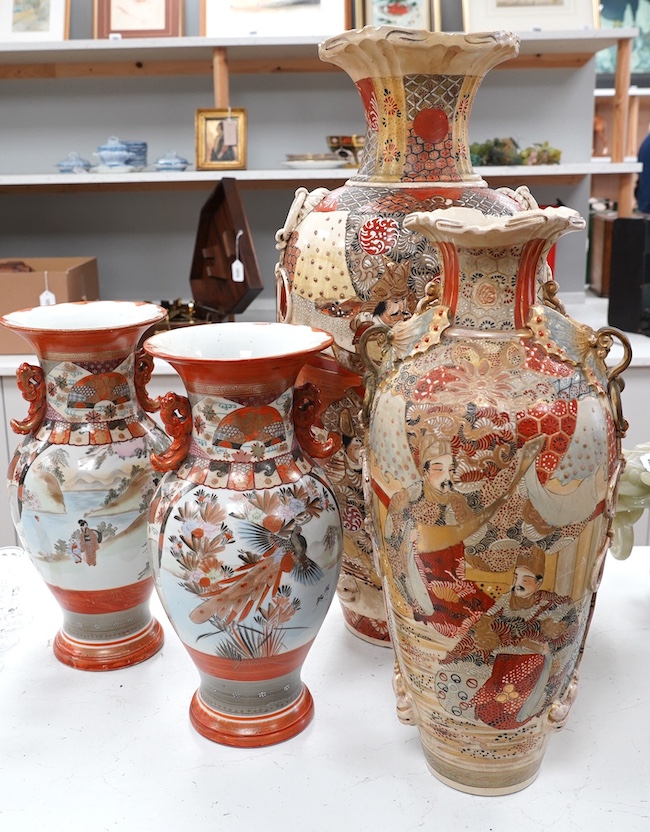 Four Japanese vases comprising a pair of Kutani vases and two late Satsuma vases, largest 62cm high. Condition - pair good, others poor